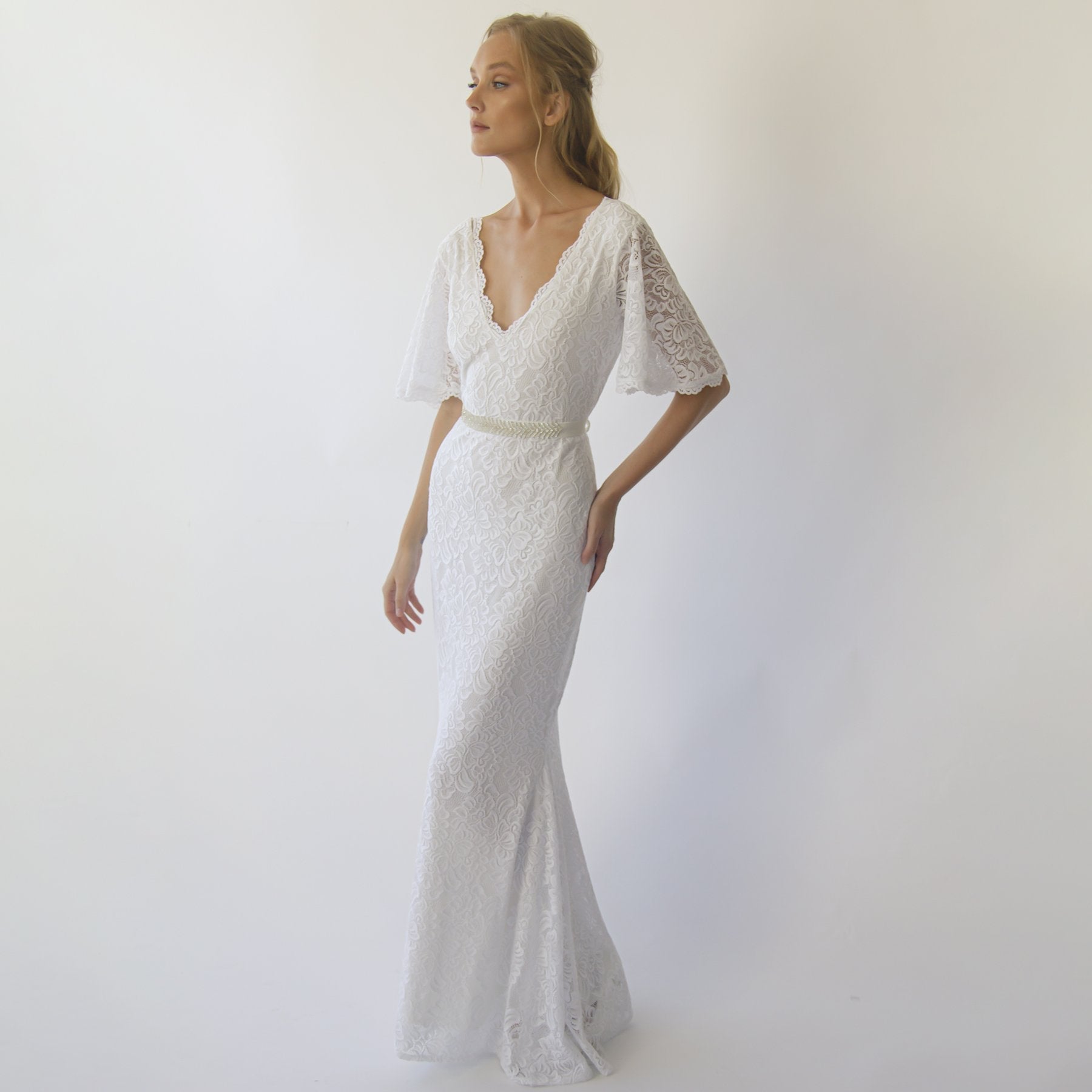 Marielle Lace Wedding Dress with Butterfly Sleeves and Beaded Sash, Ivory, V-neckline, Floor-length Mermaid Skirt