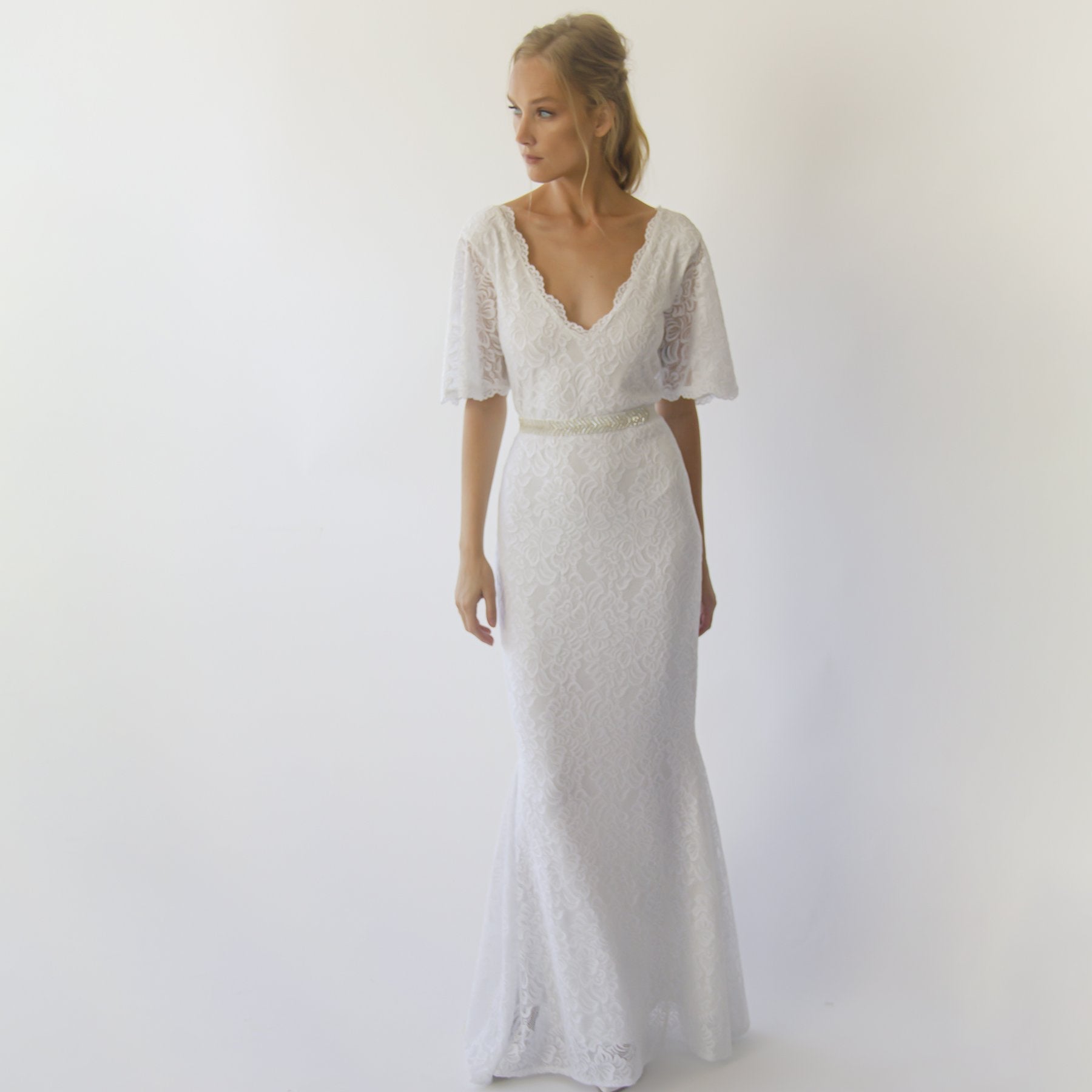 Ivory Marielle Lace Wedding Dress with Butterfly Sleeves and Beaded Sash, V-neckline, and Mermaid Skirt for Elegant Bridal Look