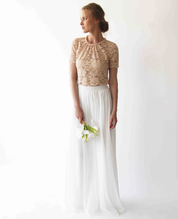 Ethereal Meluvia bridal set with lace top and chiffon skirt; perfect for weddings and elegant occasions.