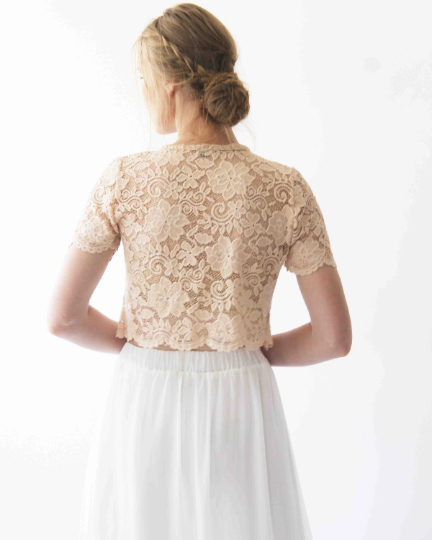 Back view of Meluvia Bridal Lace Top with intricate floral pattern and ivory chiffon skirt, showcasing romantic and ethereal bridal style.