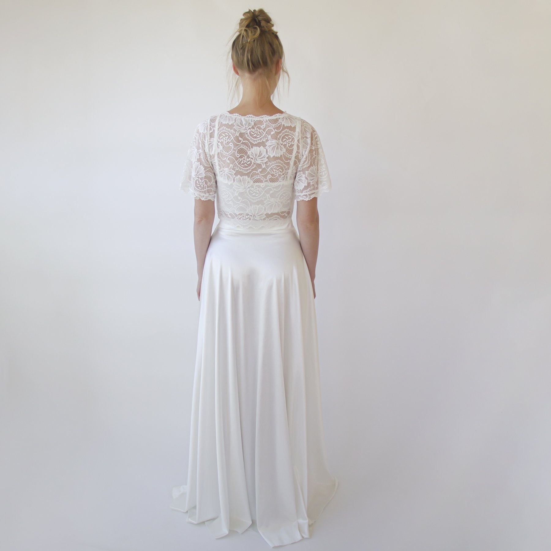 Back view of Soravelle Bridal Satin Skirt & Lace Top set, featuring elegant floor-length satin skirt and lace crop top ideal for modern brides.