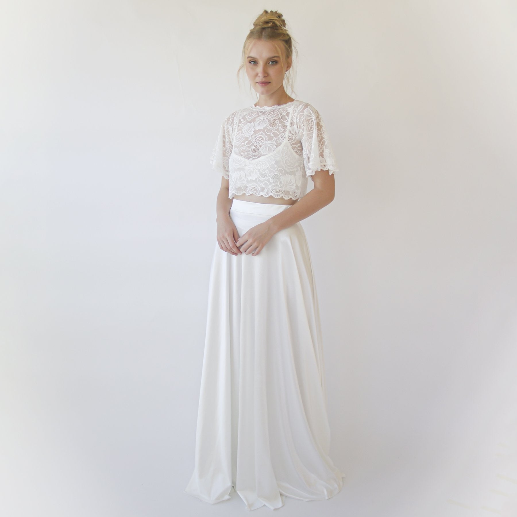 Soravelle Bridal Satin Skirt & Lace Top Set featuring a lace crop top and satin maxi skirt for a modern, elegant wedding look.