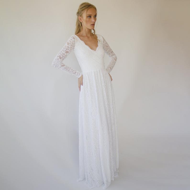 Aurelene Long Sleeve Wrap Gown with lace sleeves and V-neckline, perfect for bohemian brides seeking elegance and charm.