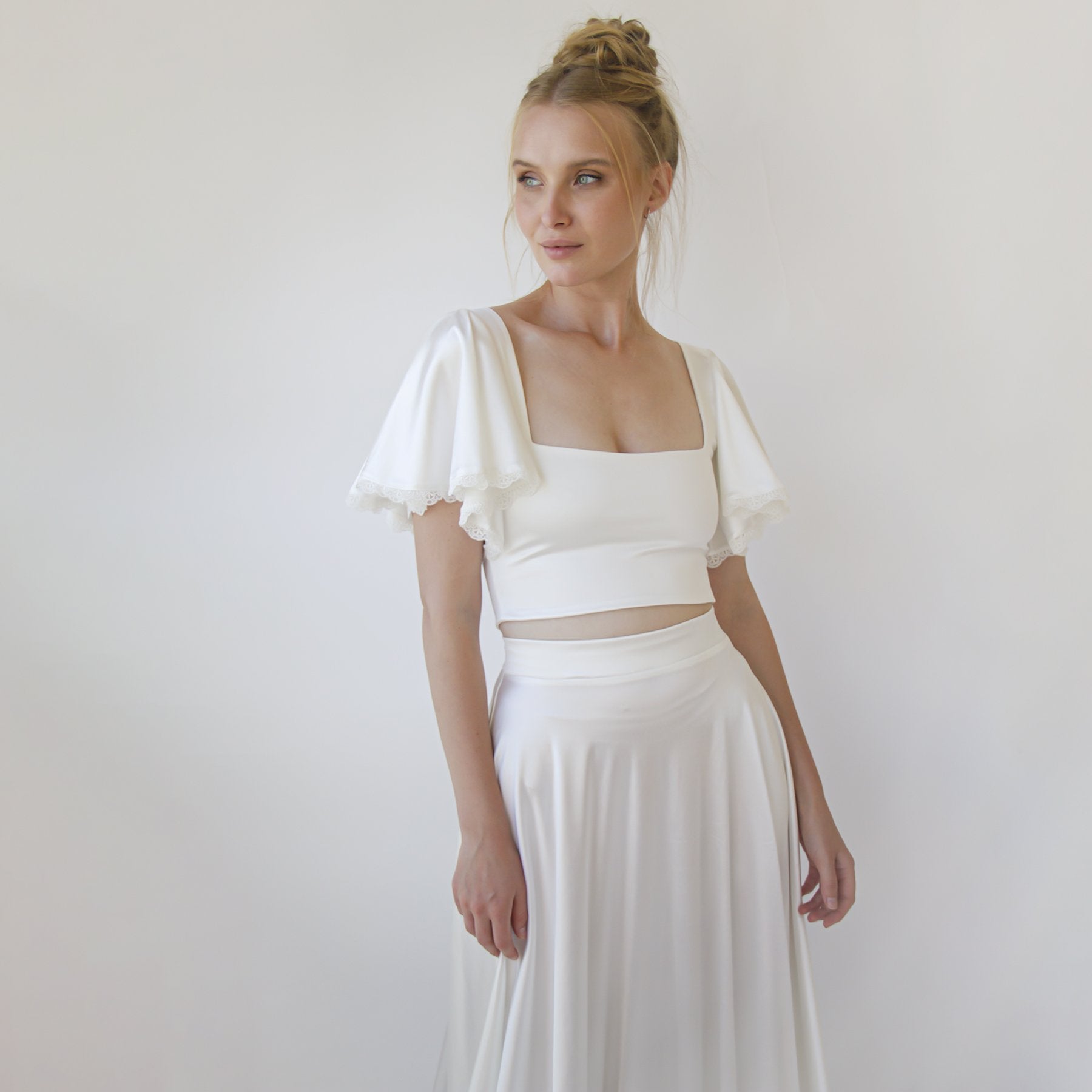 Noelia Silky Bridal Crop Top with Butterfly Sleeves, featuring a square neckline and delicate sleeves, perfect for modern brides.
