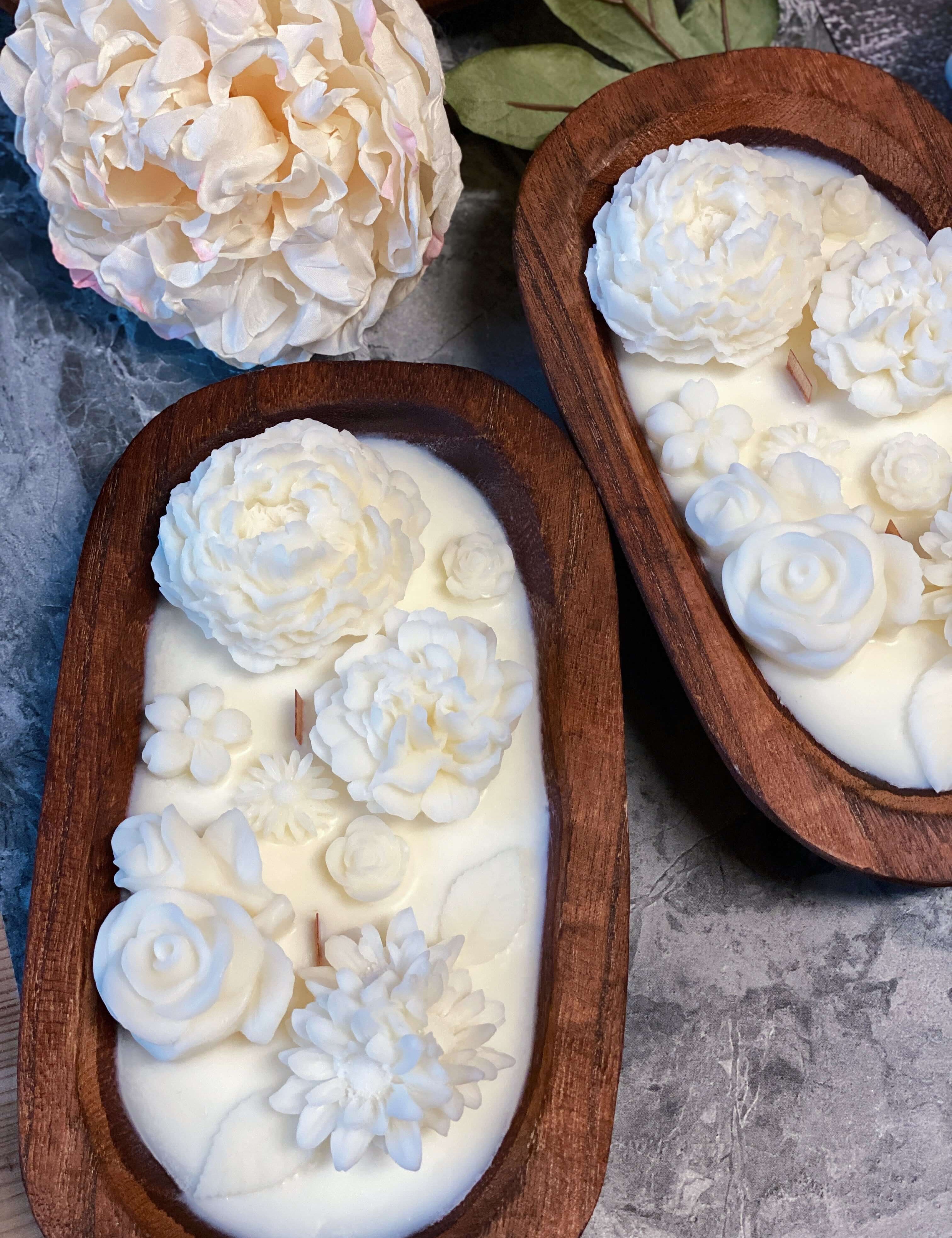 Botanira Wooden Garden Candle with floral accents in hand-carved wooden bowl, ideal for weddings, home decor, and gifts.