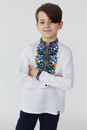 Boys’ embroidered linen shirt with Ukrainian vyshyvanka floral patterns, cultural folk clothing, 100% natural linen, white.