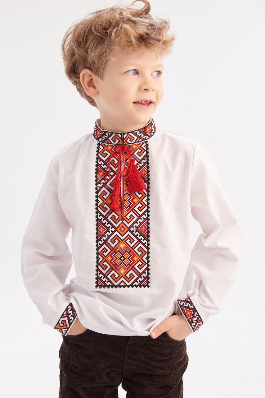 Boy wearing Ukrainian vyshyvanka shirt 'Miron' with red and black embroidery, ideal for cultural events and school wear.