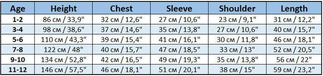 Size chart for boys' embroidered shirt 'Miron', displaying measurements for ages 1 to 12, including height, chest, sleeve, shoulder, and length.