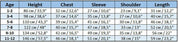 Size chart for boys' embroidered shirt 'Miron', displaying measurements for ages 1 to 12, including height, chest, sleeve, shoulder, and length.