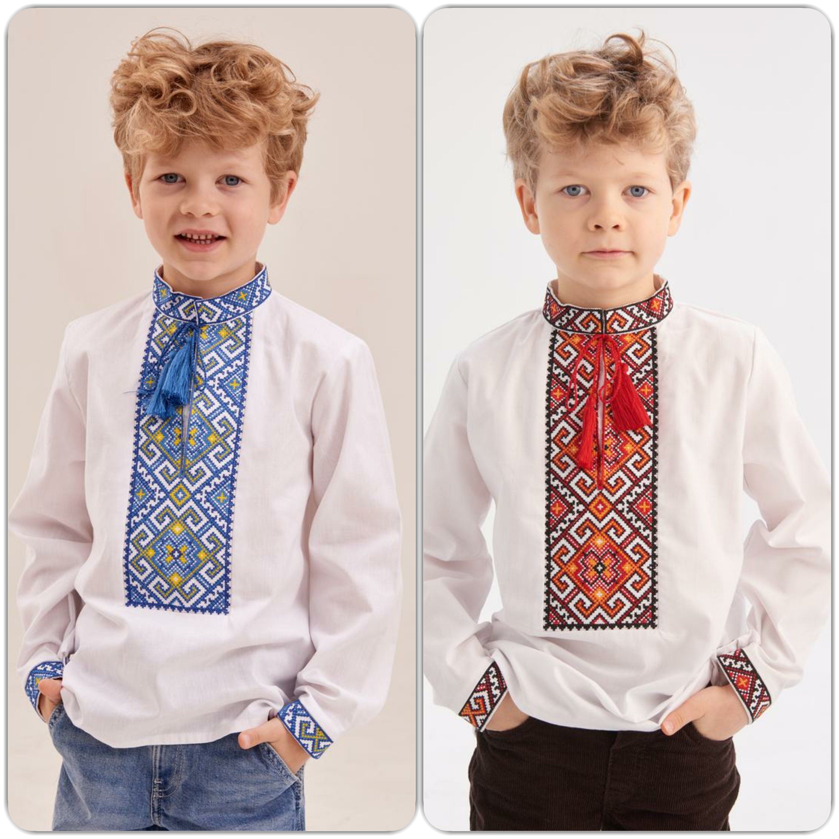 Boys wearing Ukrainian embroidered shirts, vyshyvanka style, with blue and red geometric ornament on white cotton. Ages 5-12.