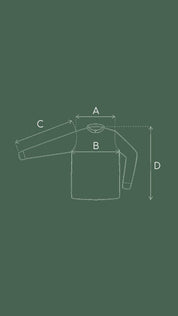 Diagram of shirt measurements showing dimensions A, B, C, and D for sizing reference.