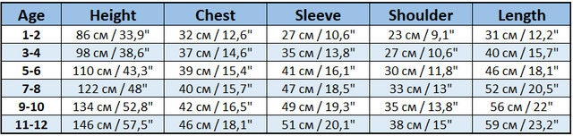 Size chart for boys' traditional Vyshyvanka embroidered shirt, featuring measurements for ages 1-12 in cm and inches.