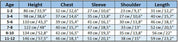 Size chart for boys' traditional Vyshyvanka embroidered shirt, featuring measurements for ages 1-12 in cm and inches.