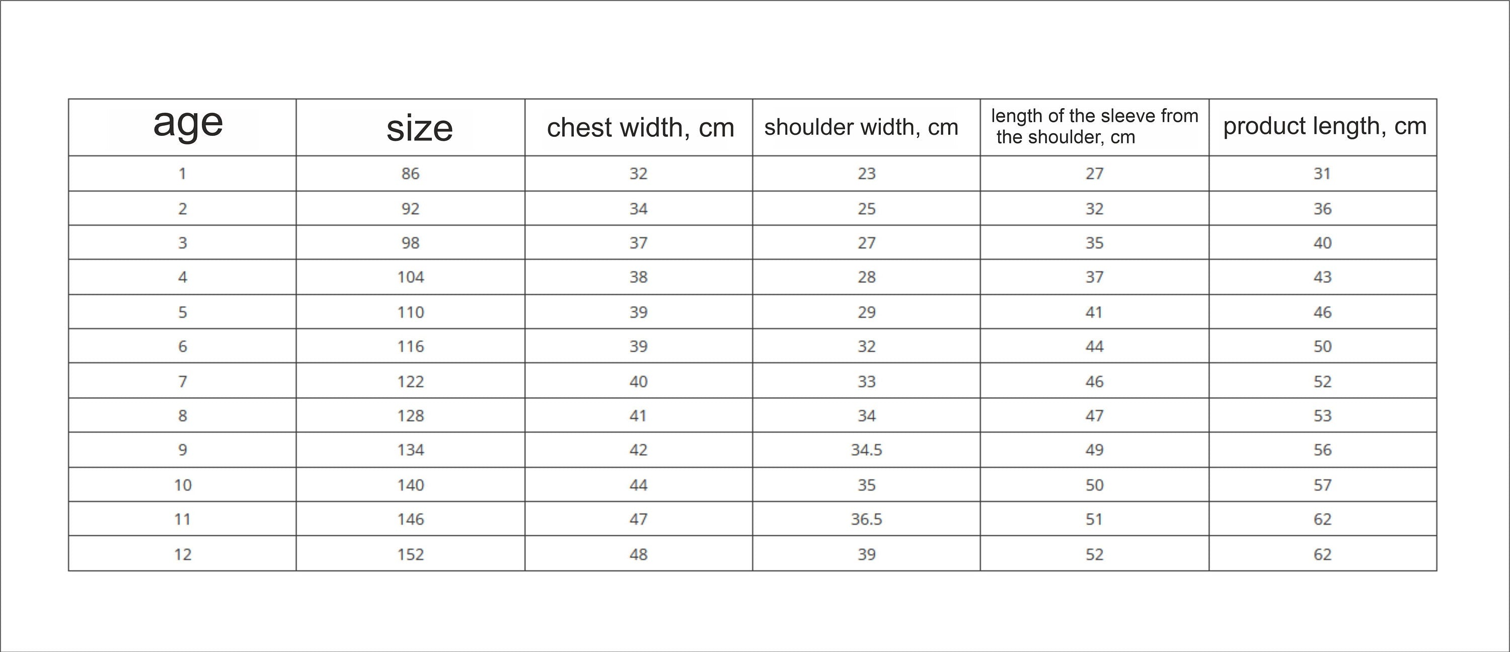 Size chart for embroidered vyshyvanka shirt for boys, detailing age, size, chest width, shoulder width, sleeve length, and product length in cm.