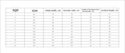 Size chart for embroidered vyshyvanka shirt for boys, detailing age, size, chest width, shoulder width, sleeve length, and product length in cm.