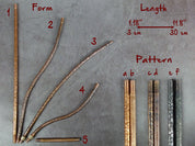 Various handcrafted bronze pipe forms and patterns with length measurements and design options.