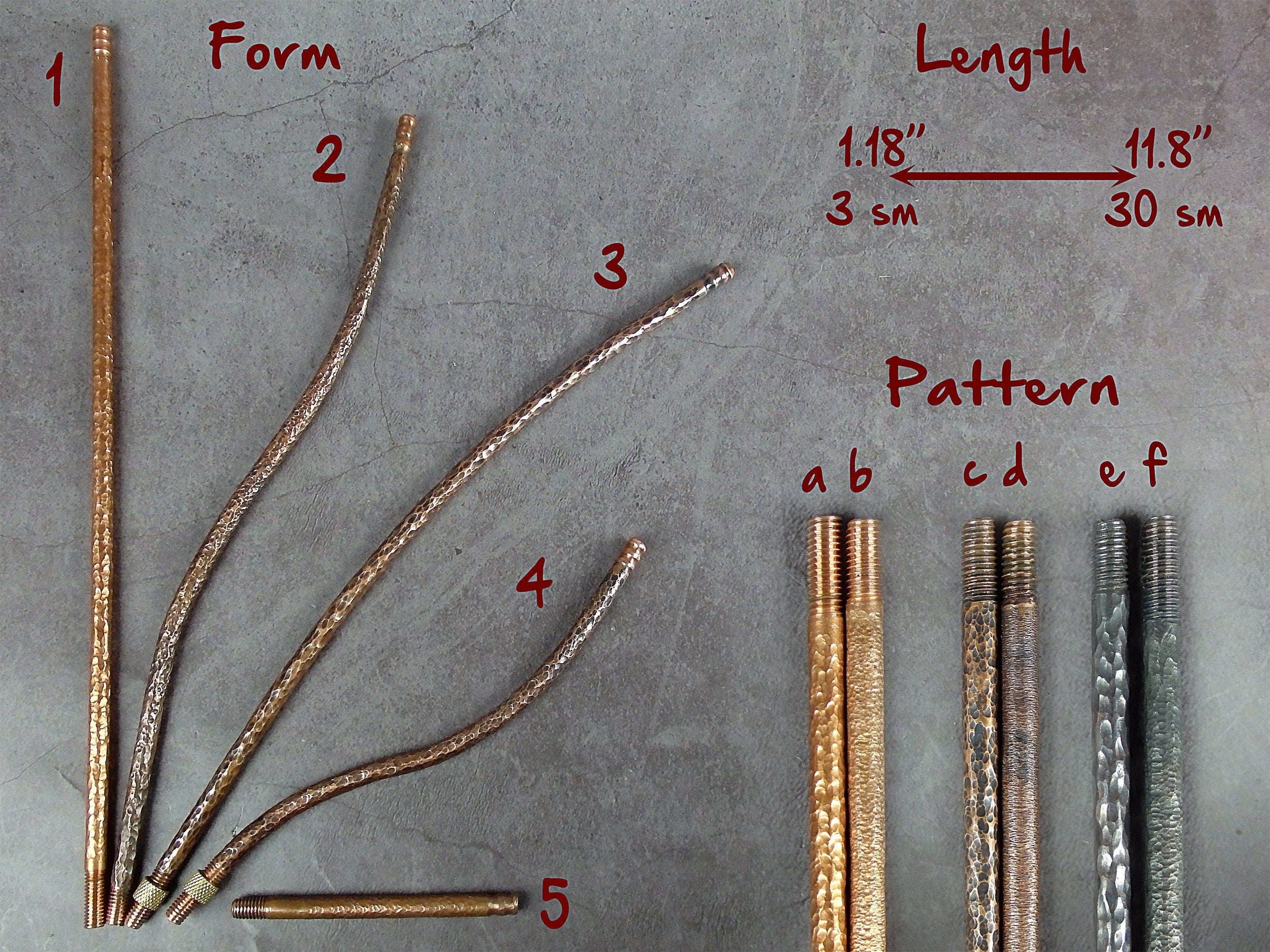 Various handcrafted bronze pipe forms and patterns with length measurements and design options.