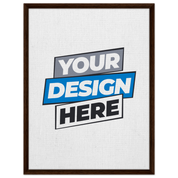 Custom framed canvas with placeholder text 'Your Design Here', featuring a dark brown frame on white canvas. Ideal for home decor.
