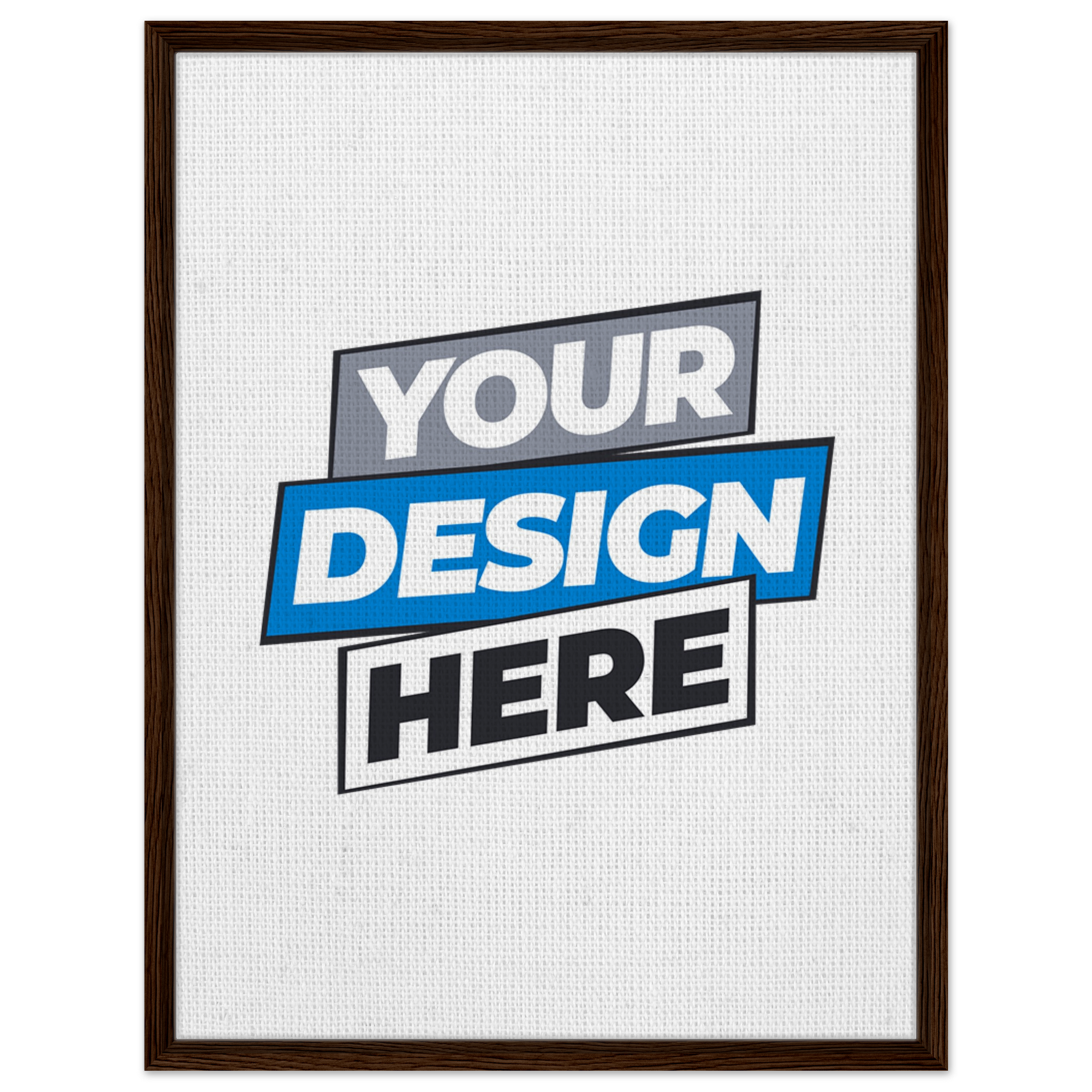 Custom framed canvas with placeholder text 'Your Design Here', featuring a dark brown frame on white canvas. Ideal for home decor.