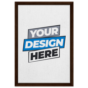 Custom framed canvas with dark brown frame, showcasing "Your Design Here" text for personalized art decor.