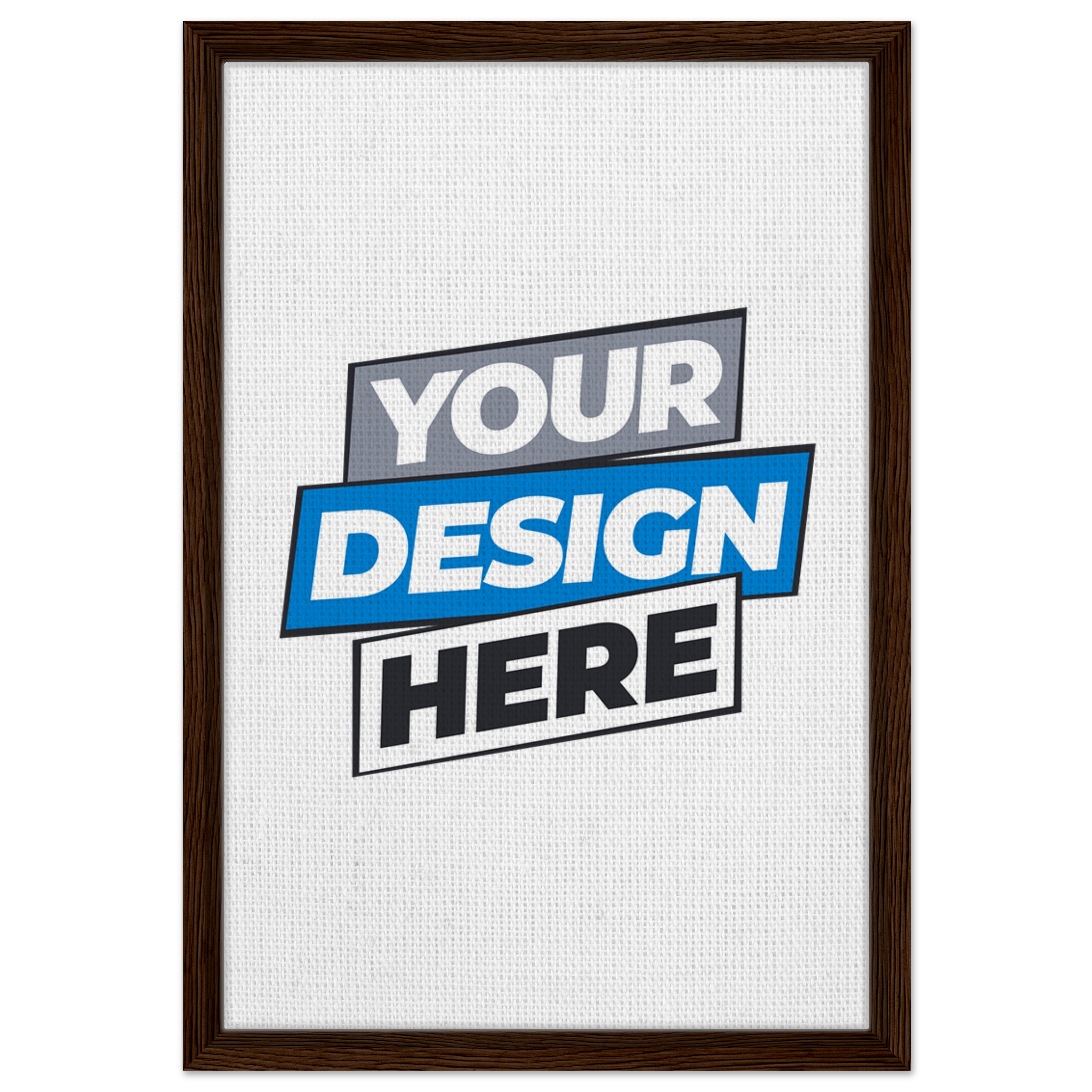 Custom framed canvas with dark brown frame, showcasing "Your Design Here" text for personalized art decor.