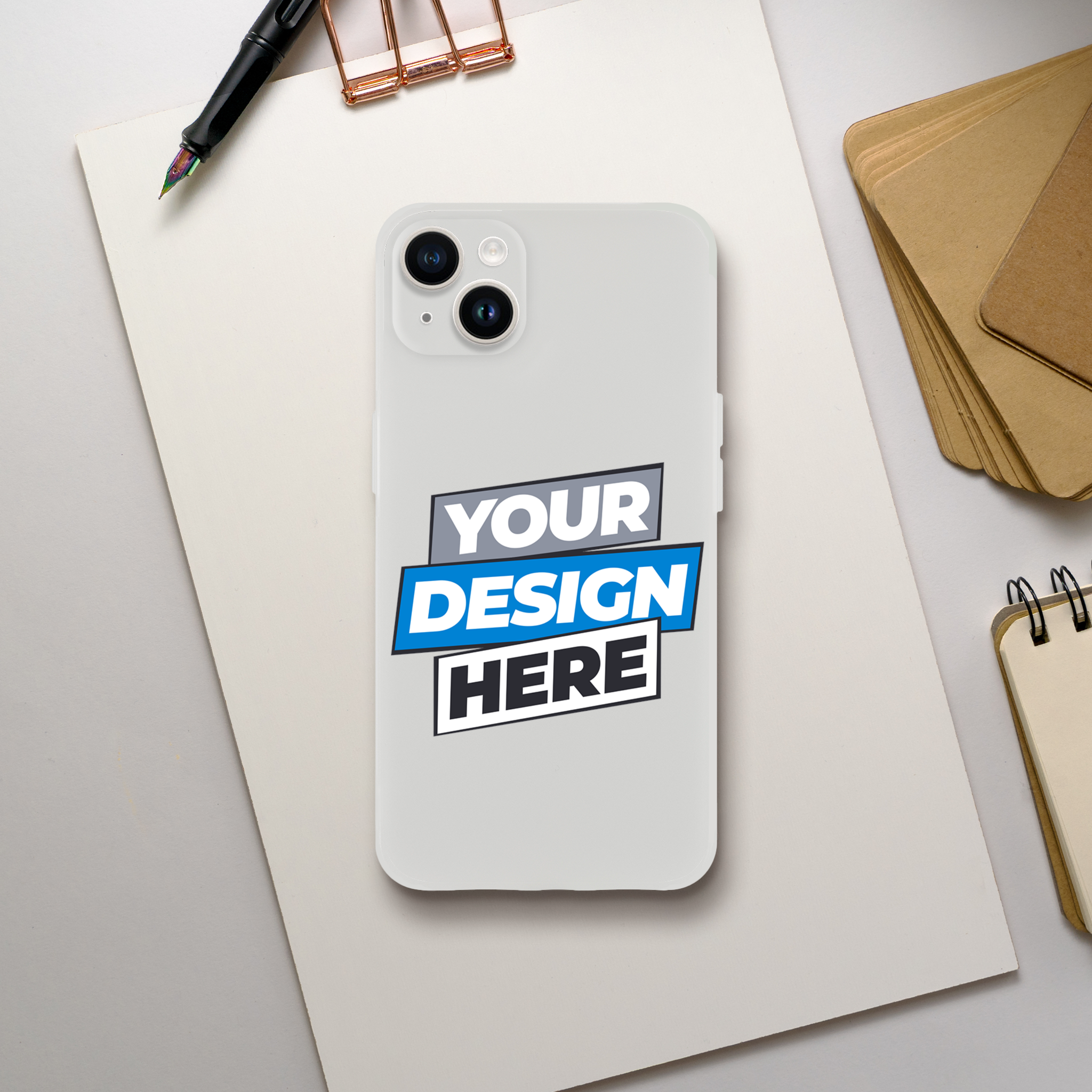 Customizable transparent Flexi Case with "Your Design Here" text, offering impact resistance and compatibility with wireless charging.