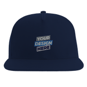 Print on Demand Yarven Flat Bill Cap with "Your Design Here" embroidery, high-profile five-panel, adjustable snapback in navy blue.