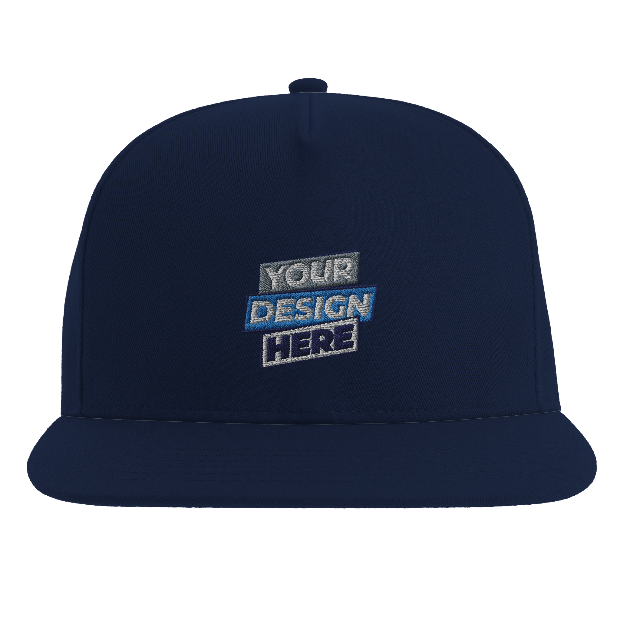 Print on Demand Yarven Flat Bill Cap with "Your Design Here" embroidery, high-profile five-panel, adjustable snapback in navy blue.