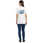 Back view of woman wearing white Zalmera cotton t-shirt with customizable print area, ideal for print on demand, casual style