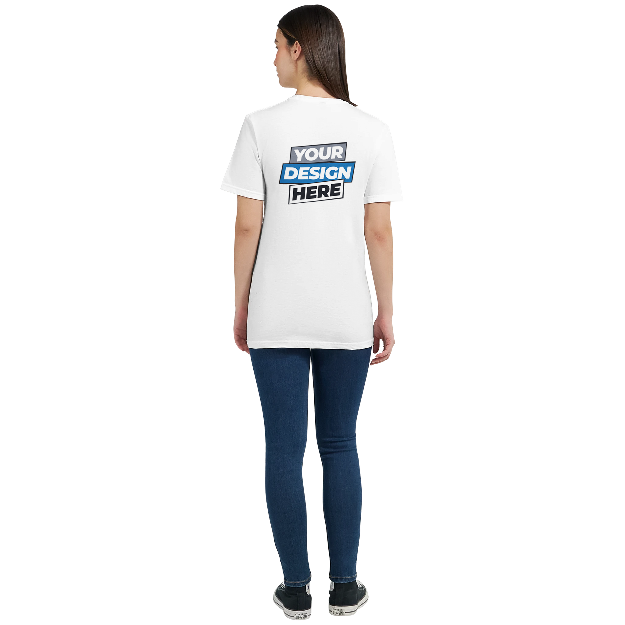 Back view of woman wearing white Zalmera cotton t-shirt with customizable print area, ideal for print on demand, casual style