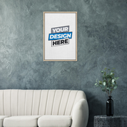 Modern living room with framed canvas print on textured wall, featuring customizable design and elegant couch, enhancing home decor.