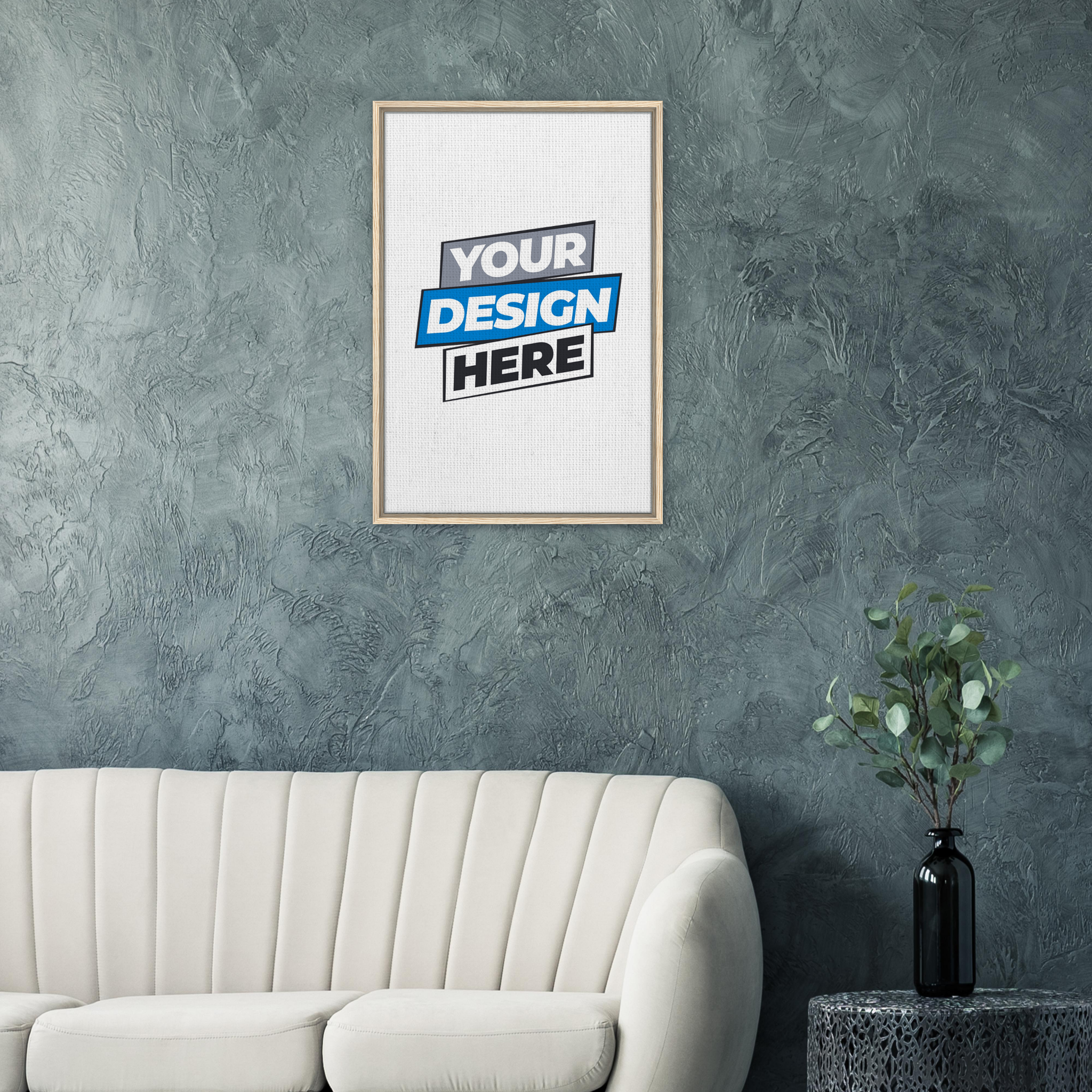 Modern living room with framed canvas print on textured wall, featuring customizable design and elegant couch, enhancing home decor.