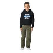 Terylo Youth Fleece Hoodie for kids, black hoodie with customizable design, featuring soft midweight fleece, jersey-lined hood, pouch pocket.