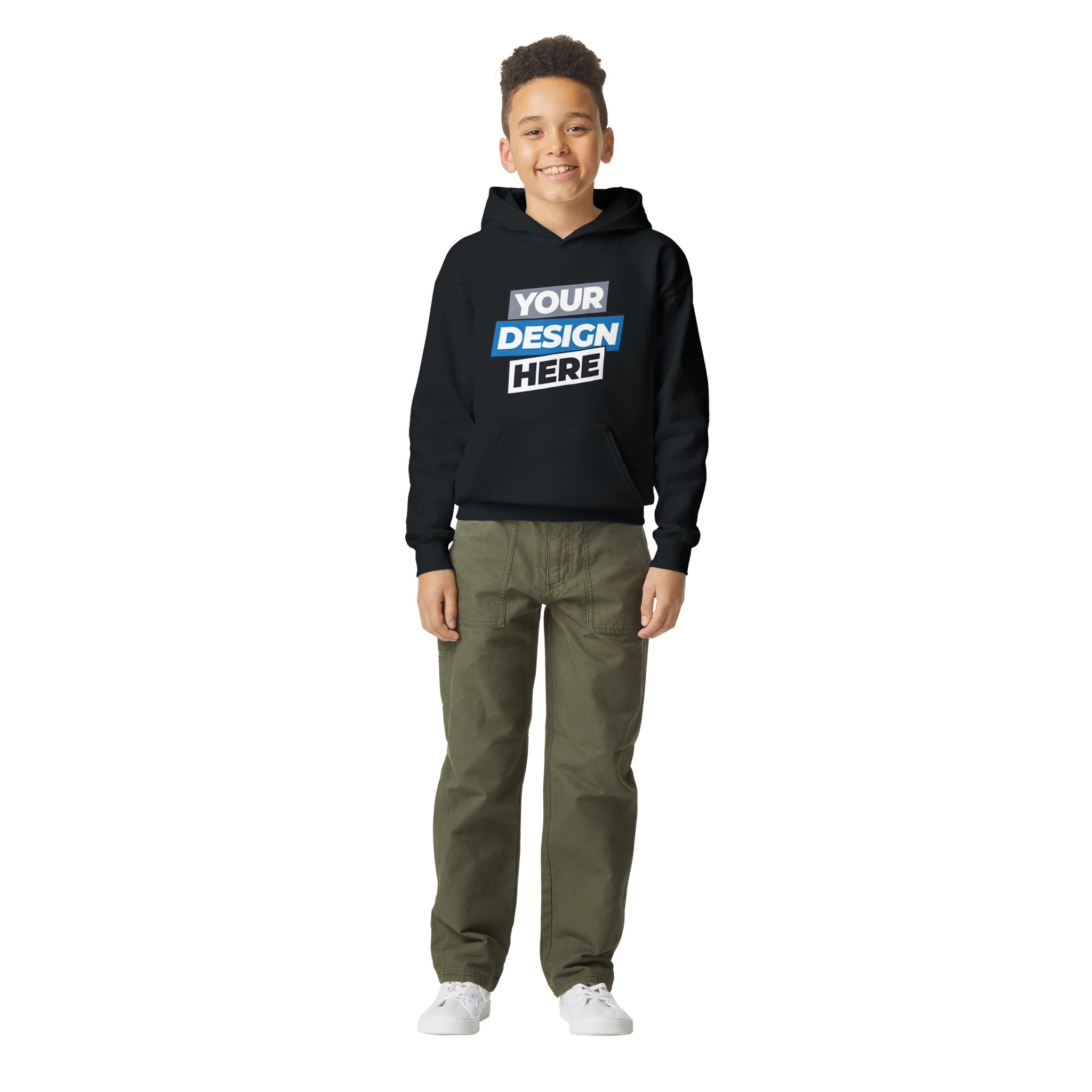 Terylo Youth Fleece Hoodie for kids, black hoodie with customizable design, featuring soft midweight fleece, jersey-lined hood, pouch pocket.