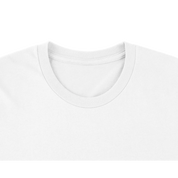 White oversized drop-shoulder crewneck t-shirt with ribbed collar, made from 100% USA cotton, durable and shrink-free finish.