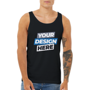 Calvoro Cotton Tank in black with 'Your Design Here' text, worn by model. Perfect for custom prints, soft and breathable cotton fabric.