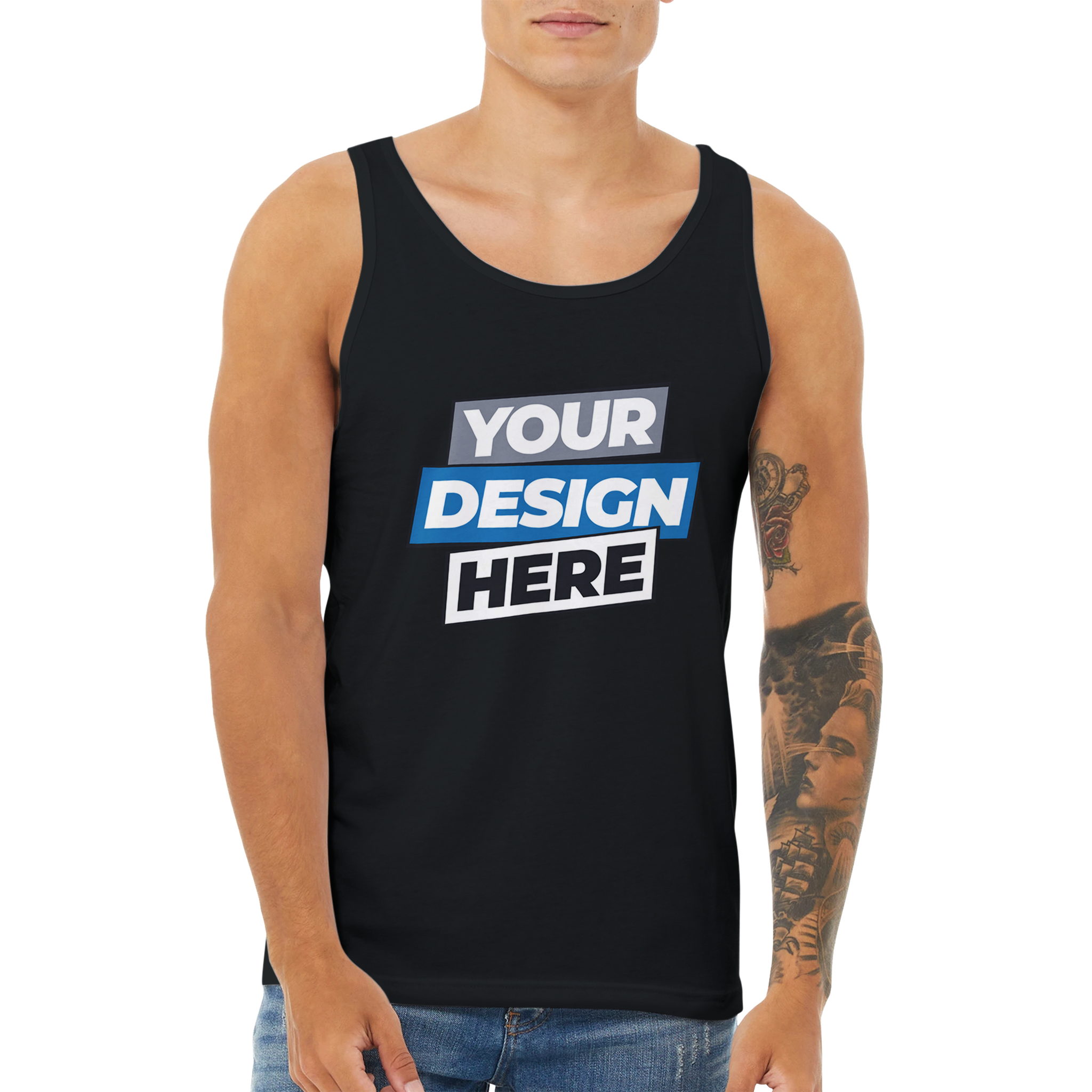 Calvoro Cotton Tank in black with 'Your Design Here' text, worn by model. Perfect for custom prints, soft and breathable cotton fabric.