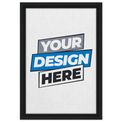 Custom framed canvas with black frame, showcasing "Your Design Here," available in various sizes and colors, sustainable materials used.