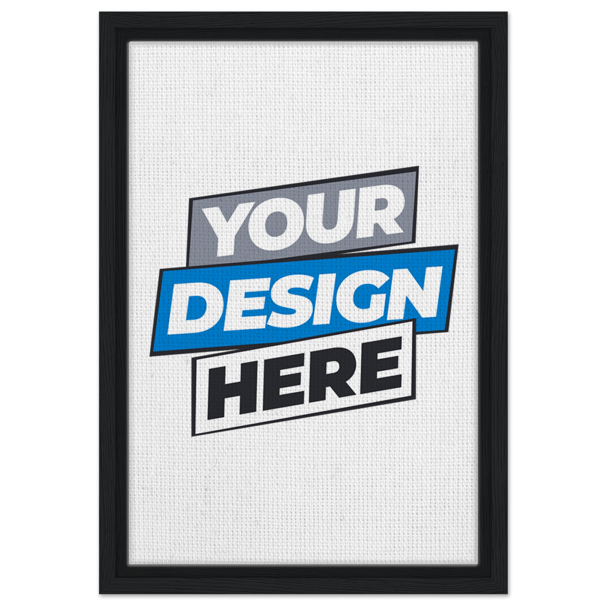 Custom framed canvas with black frame, showcasing "Your Design Here," available in various sizes and colors, sustainable materials used.