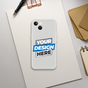 Flexi Case on a desk, customizable transparent phone case showcasing art design options, impact-resistant and wireless charging compatible.