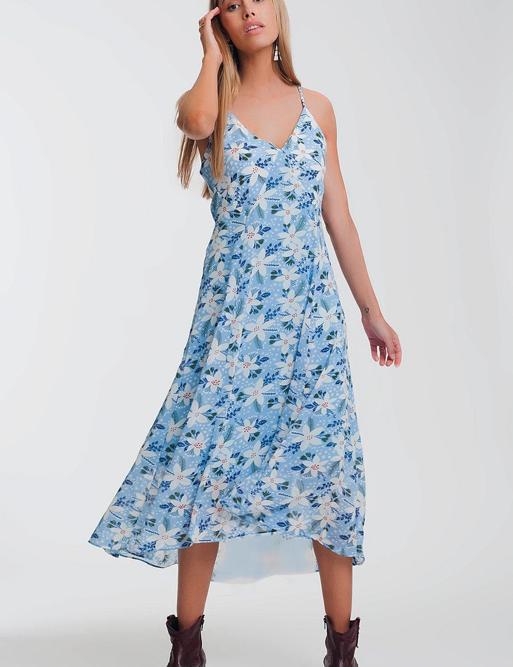 Ismeria Blue Floral Maxi Dress with slender cami straps and flowing silhouette, perfect for garden parties and beach getaways