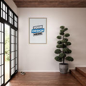 Modern interior with framed canvas print and potted plant, highlighting customizable art for home decoration.