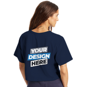 Woman wearing Virelle cropped cotton tee in navy with customizable design on back, showing casual streetwear style.