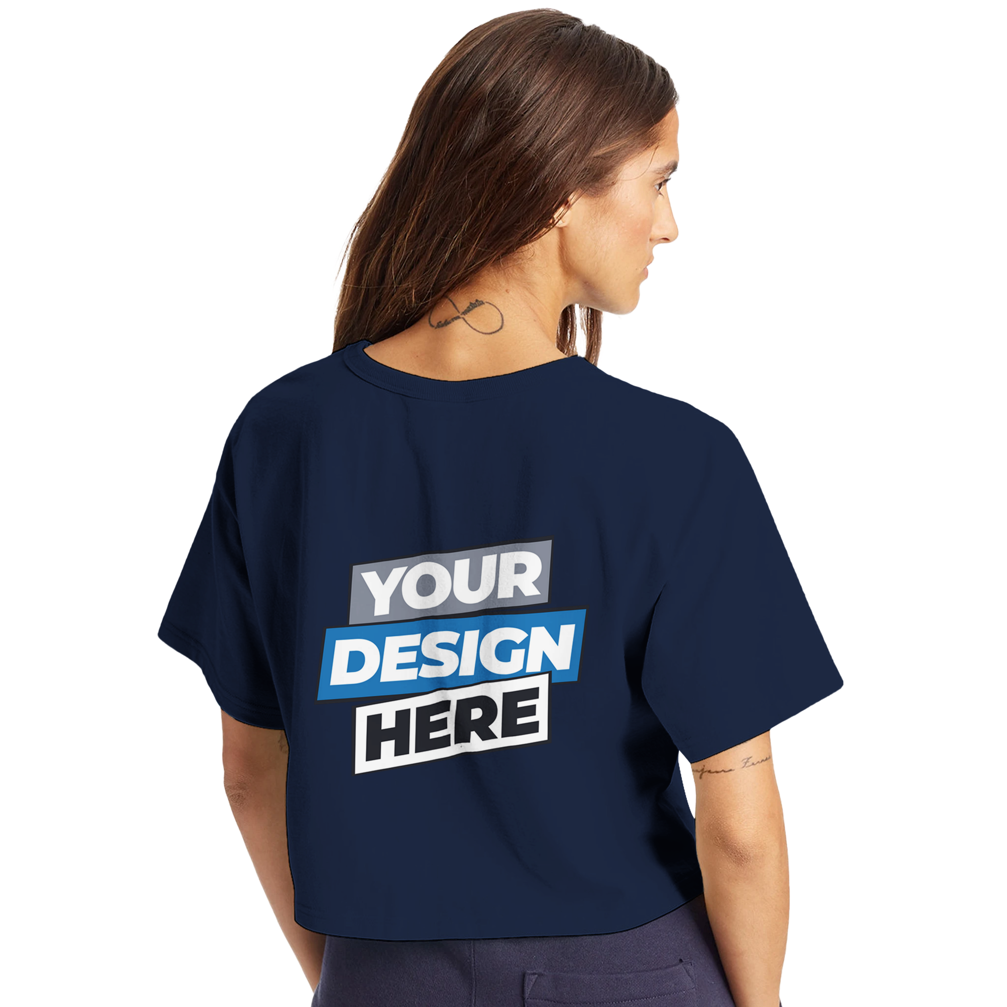 Woman wearing Virelle cropped cotton tee in navy with customizable design on back, showing casual streetwear style.