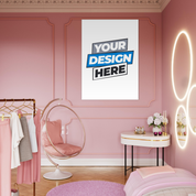 Pink room with modern decor, featuring a customizable fine art poster with "Your Design Here" text on the wall.