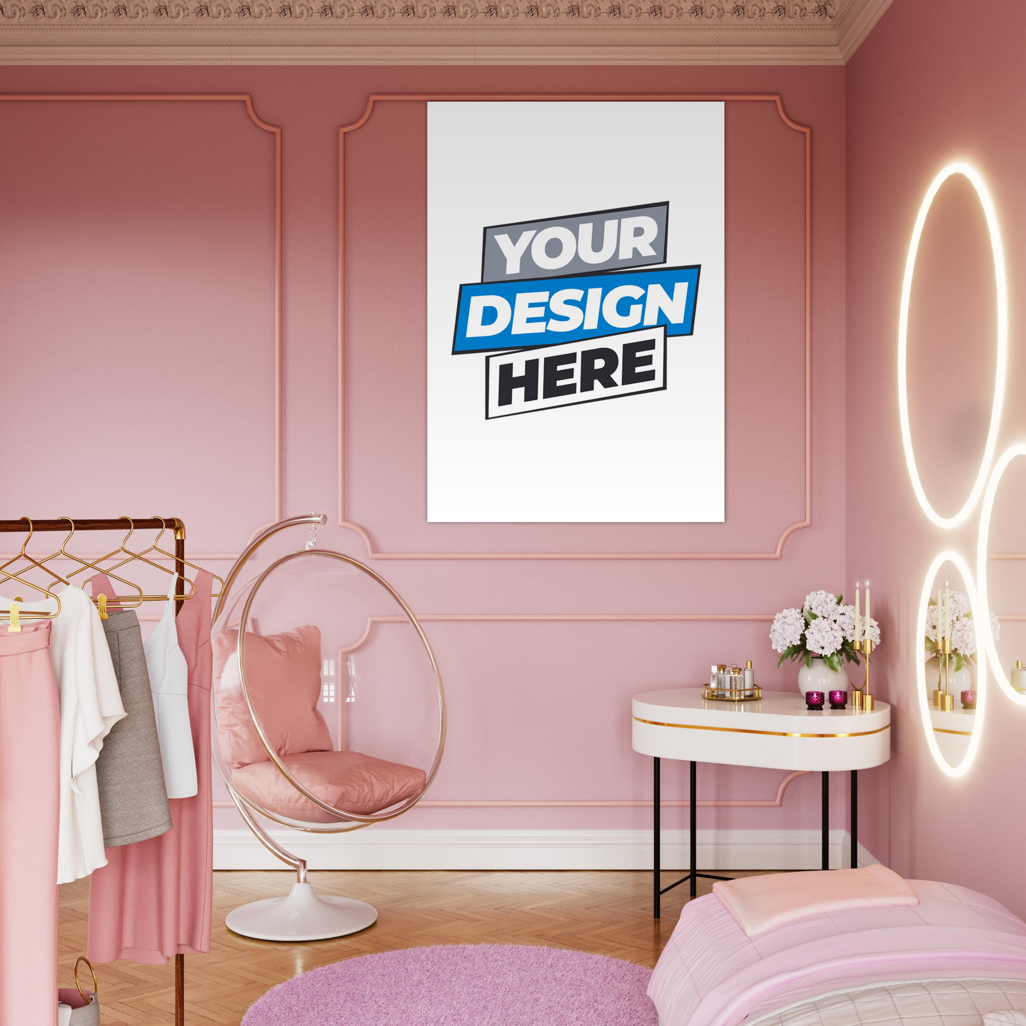 Pink room with modern decor, featuring a customizable fine art poster with "Your Design Here" text on the wall.