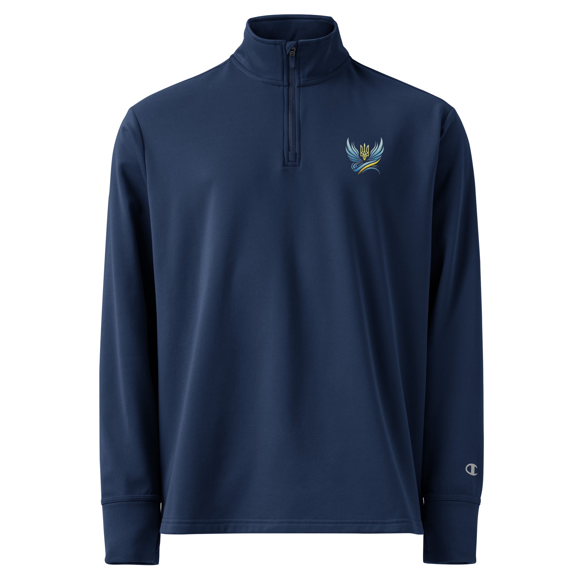 Navy Ukrainian Vibe Trizub quarter zip pullover with Champion logo and sleek fit, perfect for streetwear and athletic versatility.