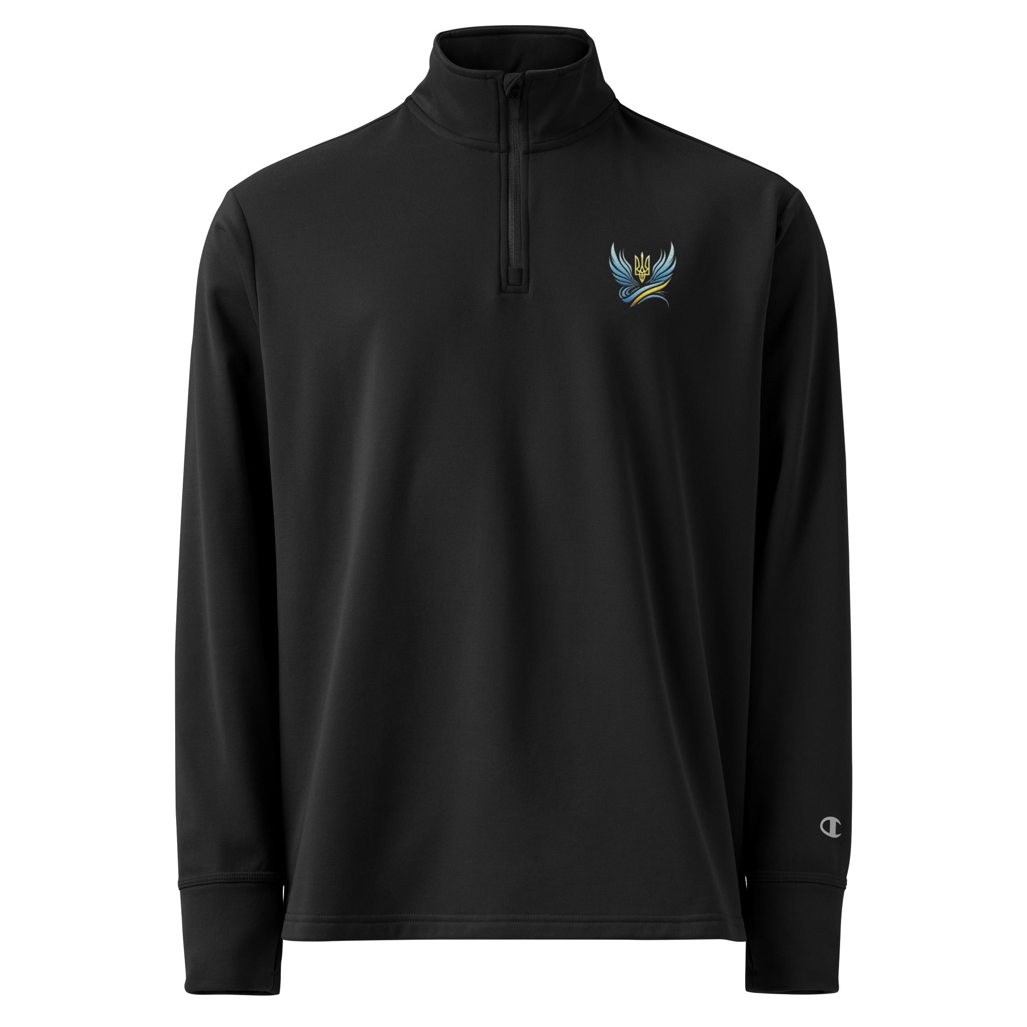 Black Ukrainian Vibe Trizub Collection quarter zip pullover with Champion logo, featuring a sleek athletic fit and durable design.