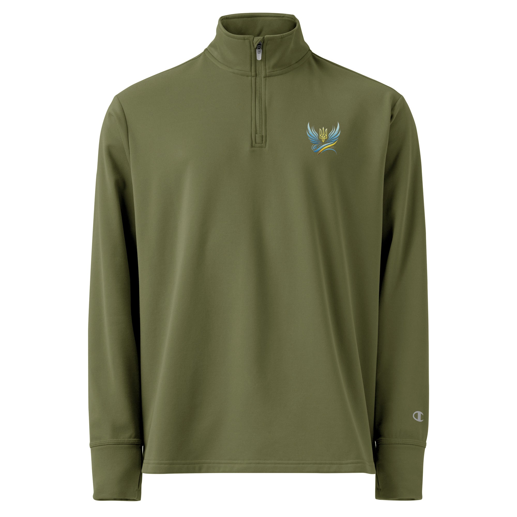 Ukrainian Vibe Trizub Collection olive quarter zip pullover, featuring Champion logo and sleek athletic fit.