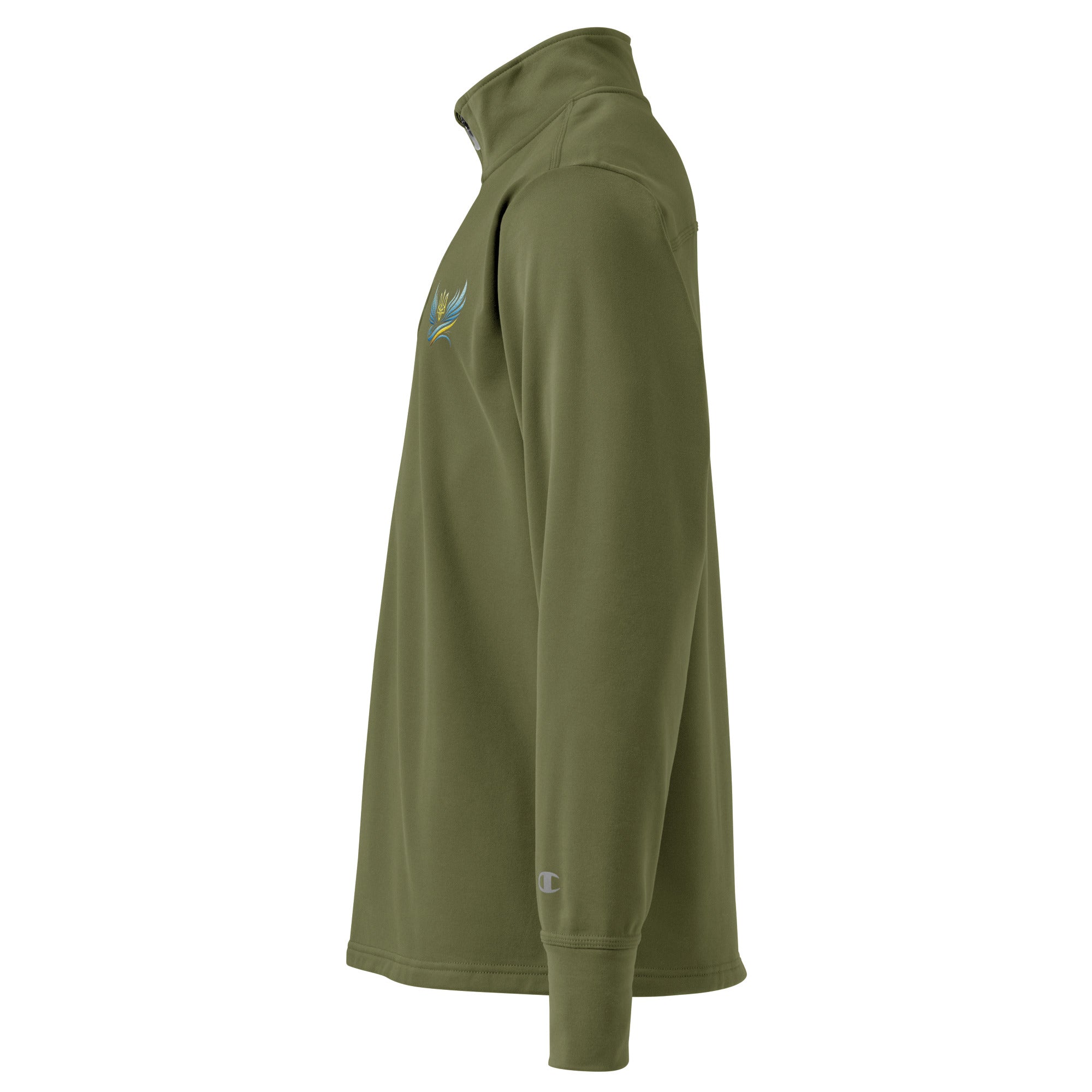 Olive green quarter zip pullover from Ukrainian Vibe Trizub Collection with Champion logo embroidered on sleeve.